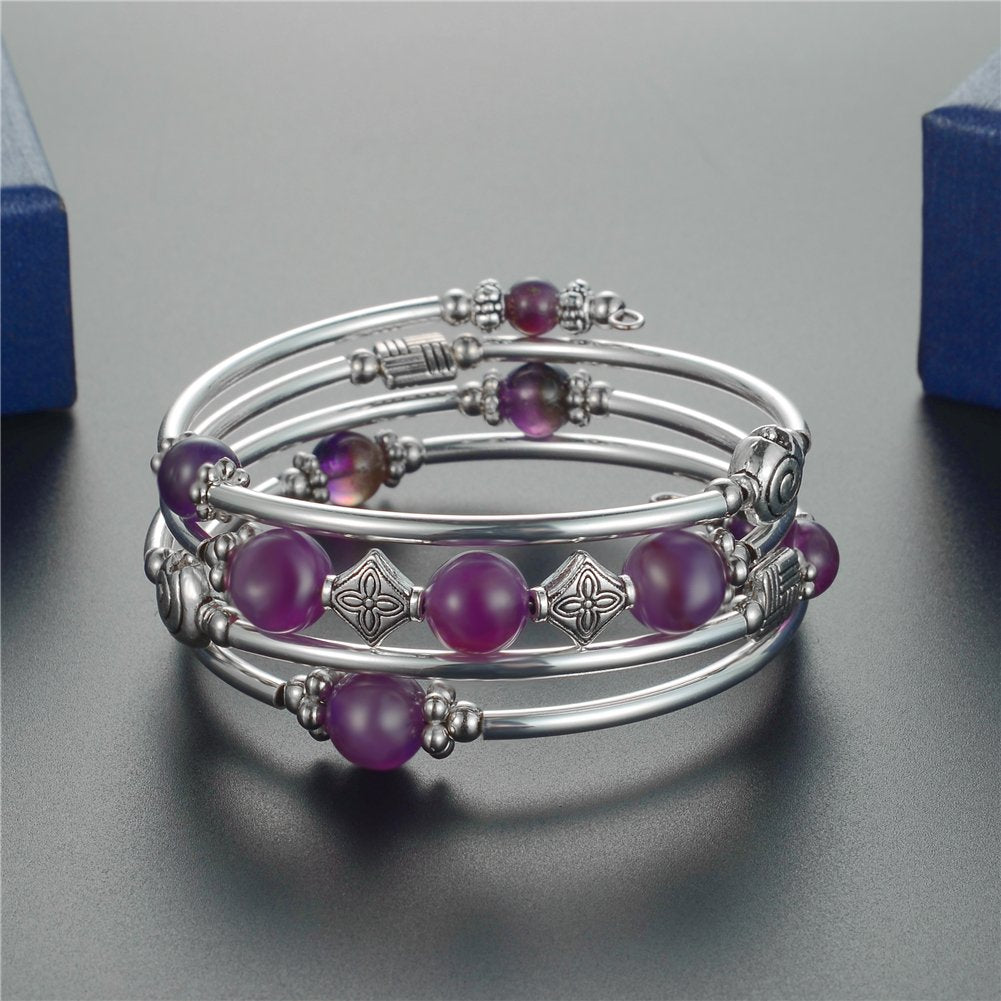 Beaded Pearl Bangle Wrap Bracelet - Fashion Bohemian Jewelry Multilayer Charm Bracelet with Thick Silver Metal Beads, Gift For Women(Purple)
