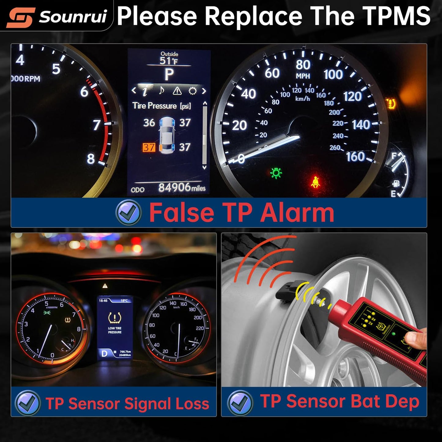 Tire Pressure Sensors for 2016-2023 Buick Encore GX/Lacrosse/Regal, Cadillac CT6/XT5, Chevy Camaro/Cruze/Malibu - 433MHZ TPMS Sensor Replacement (OEM 13589601,13598773,13506028)
