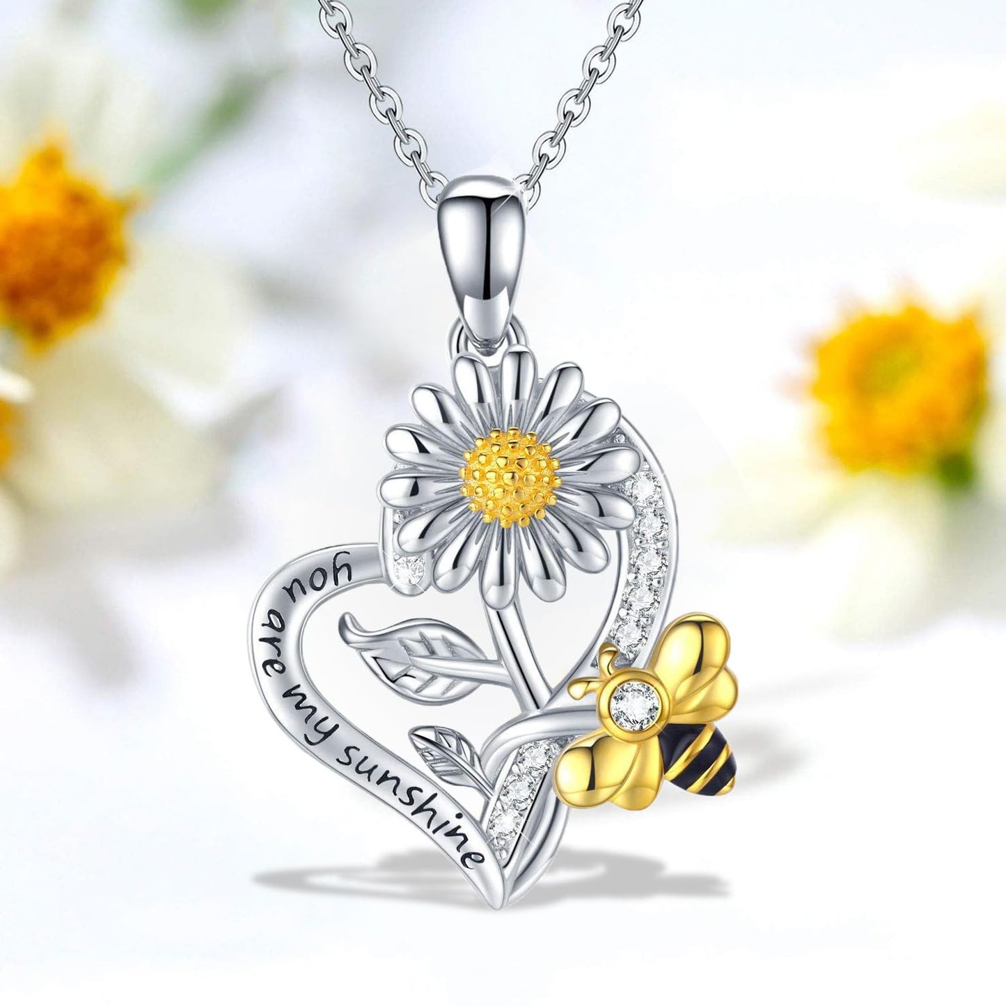 CCJM Bee Necklace for Women,Sunflower Necklaces for Women,925 Sterling Silver Sunflower Gifts,Bee Gifts for Mom,Girlfriend,Daughter,Sister