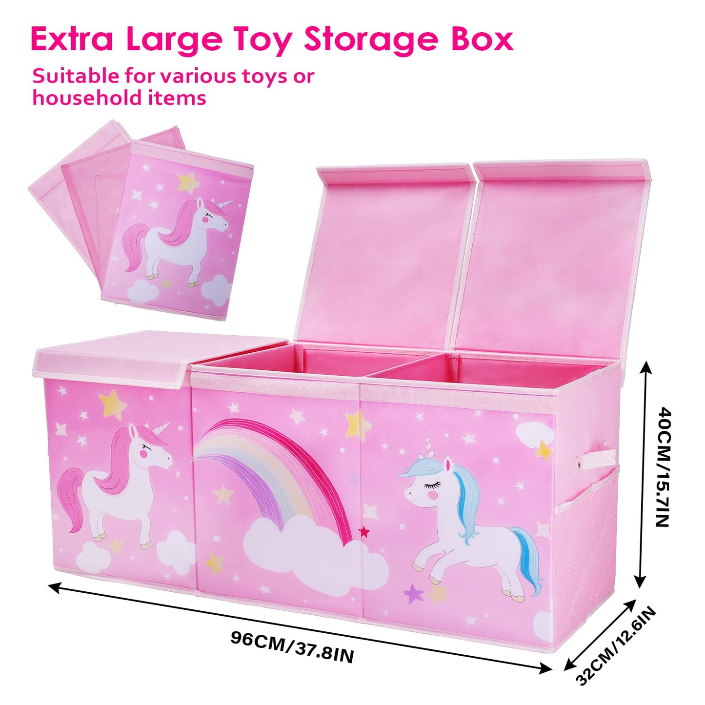 decalsweet Unicorn Extra Large Toy Box Chest with Flip Lid for Kids, Collapsible Oxford Toy Storage Box with Handles Mesh Pockets, Sturdy Waterproof Toy Box for Bedroom Playroom, 37.7×12.5×15.7 Inch