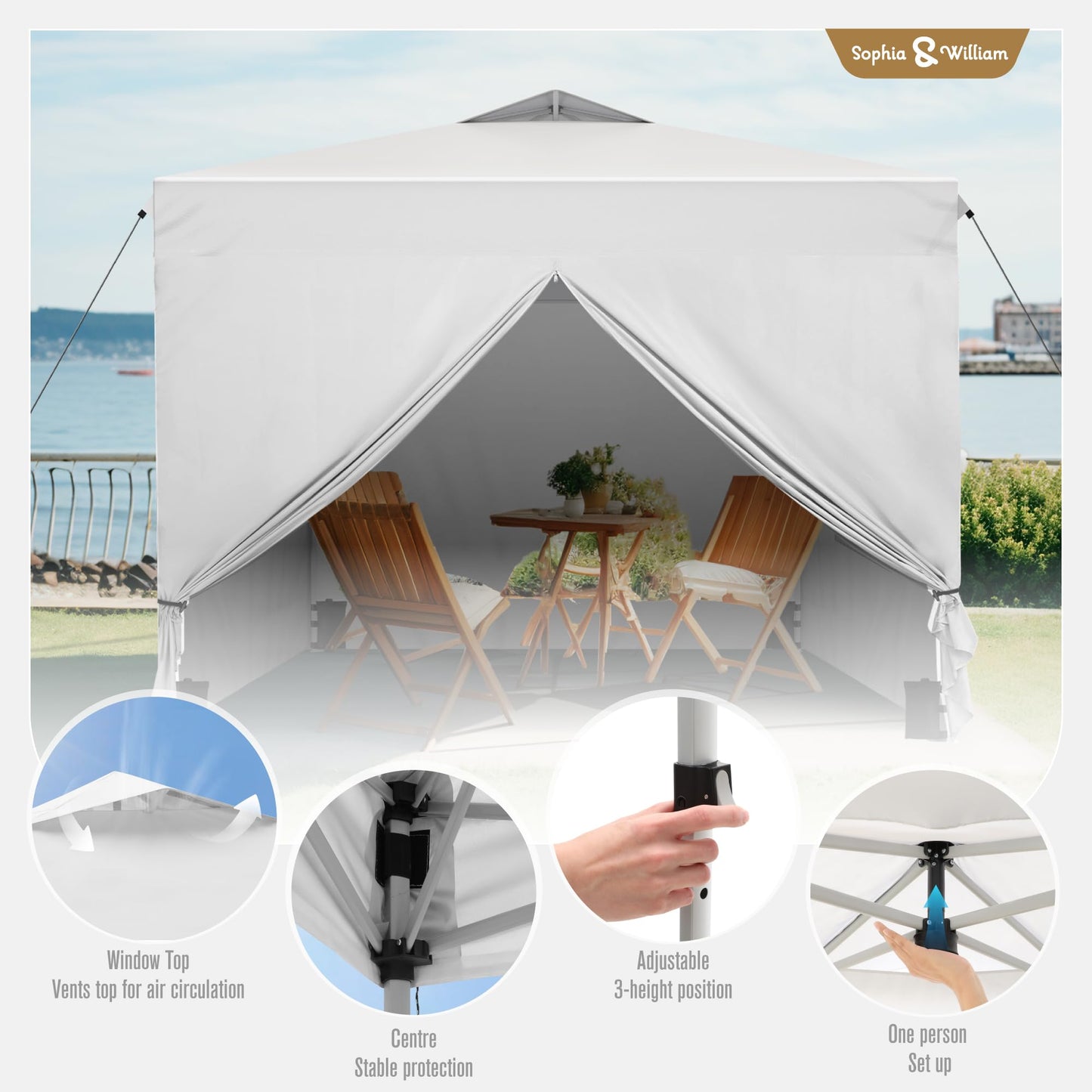 Sophia & William Canopy Tent Pop Up 10x10 ft One Person Push Set Up Canopies with 4 Sidewalls, Outdoor Shelter Heavy Duty Straight Legs with 4 Sandbags & 1 Roller Bag, 8 Stakes & 4 Guy Ropes, UPF50+