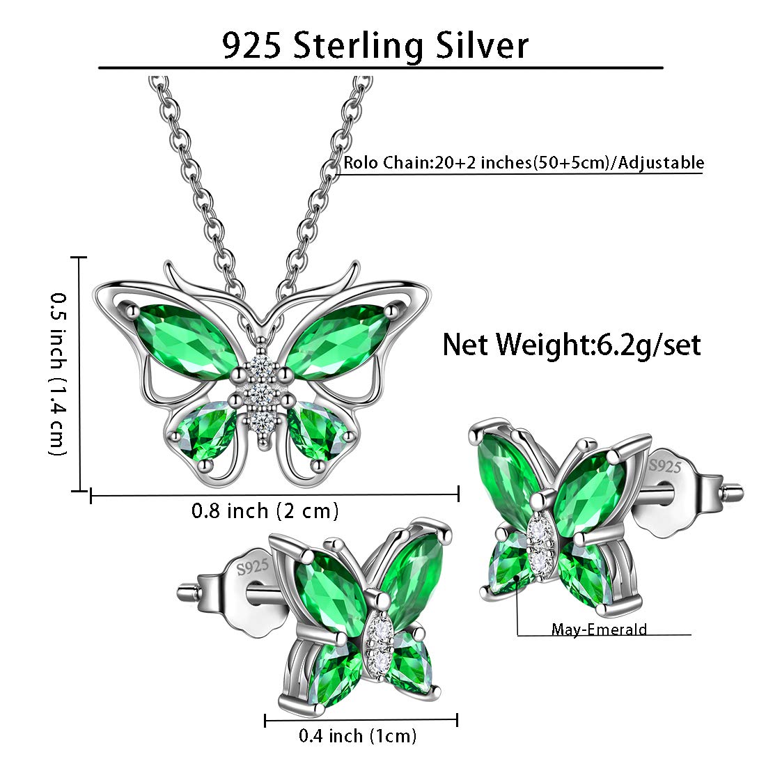 Hipunk Butterfly Green Jewelry Sets Birthstone Women 925 Sterling Silver May-Emerald Birth Stone Animal Butterflies Jewelry Sets/Earring Set Crystal Birthday Jewelry SS0001G