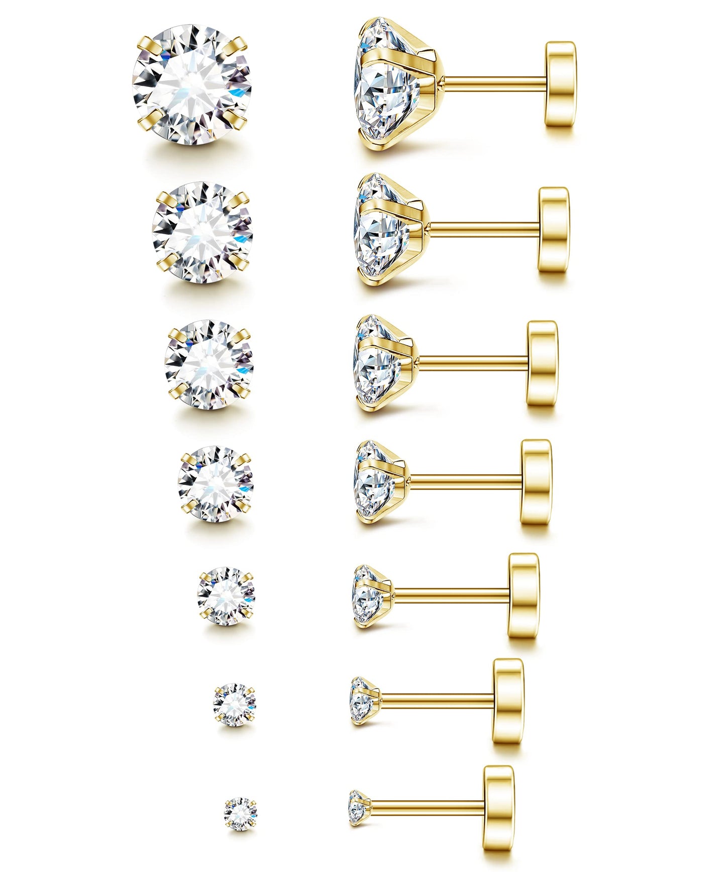 Fansilver 20G Hypoallergenic Flat Back Earrings for Women Men Silver 14K Gold Stainless Steel Stud Earrings Birthstone Cubic Zirconia Studs Surgical Steel Cartilage Earrings for Sensitive Ears