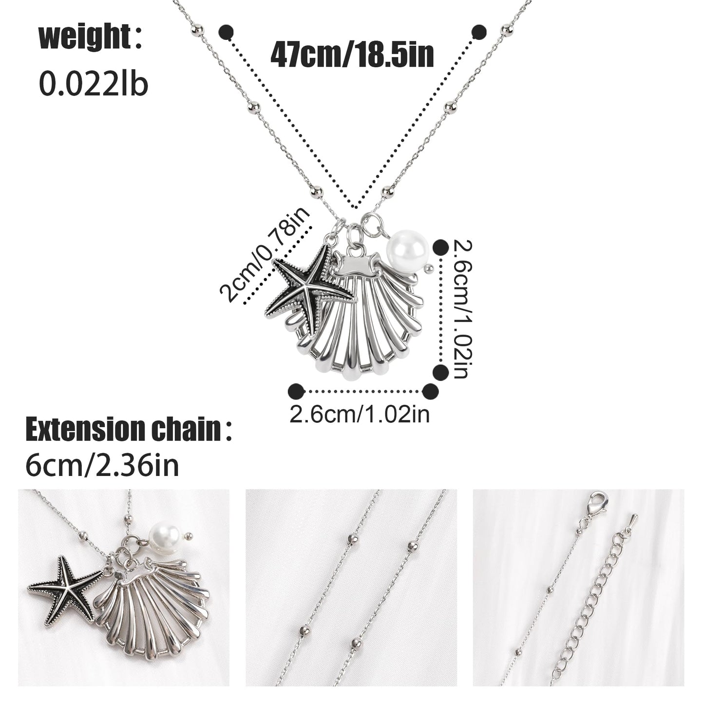 Silver Shell Necklace for Women, Mermaid Starfish Shell Pendant Necklace with Glass Pearl, Seashell Charm Statement Necklace Summer Beach Ocean Jewelry Gift for Women