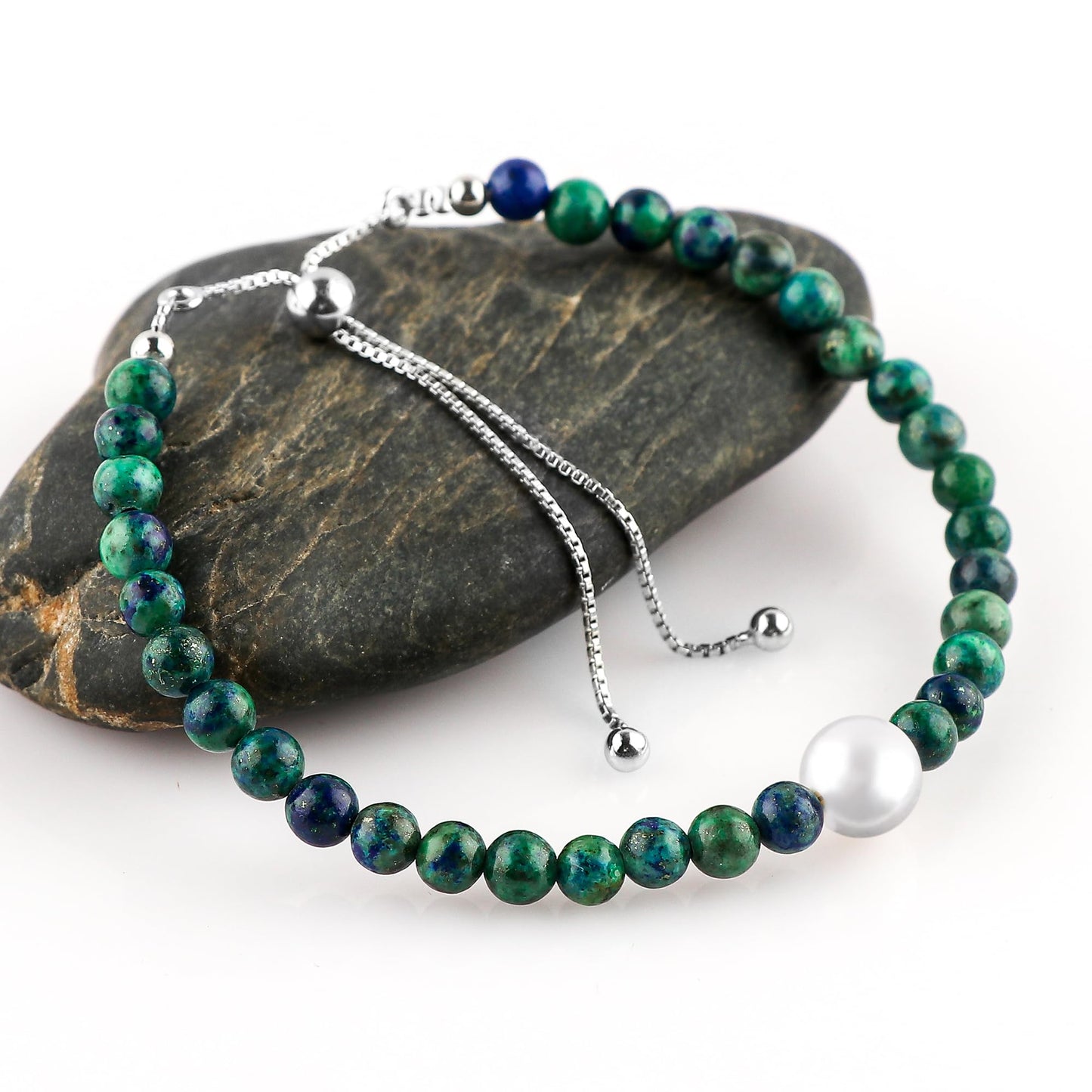 CRYSTALIS Natural Malachite Azurite Beads Slider Bracelet with Elegant Pearl, High Grade Beaded Crystals, Chakra Healing Gemstone, Gift Giving Women Jewelry, 925 Sterling Silver Slider 10 inch
