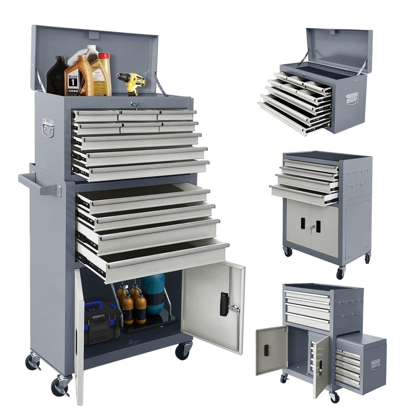 Sormols 13-Drawer Rolling Tool Chest with Double Doors, 2 in 1 Detachable Rolling Tool Chest with Drawers, Mobile Tool Cabinet Combo, Metal Large Lockable Tool Box for Garage Workshop (Gray)
