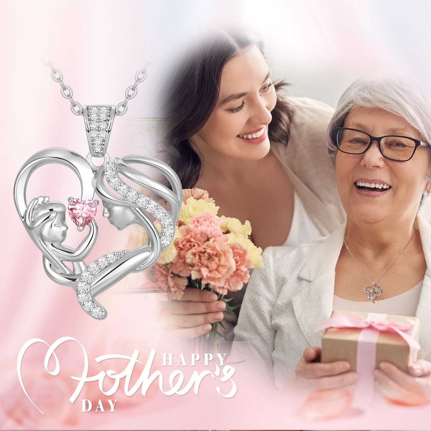 Zifeel Mothers Day Gifts for Mom Wife Her Grandma, S925 Sterling Silver Birthstone Necklaces Jewelry for Women, Mother's Day Love Heart Pendant Necklace for Anniversary Birthday Christmas Day