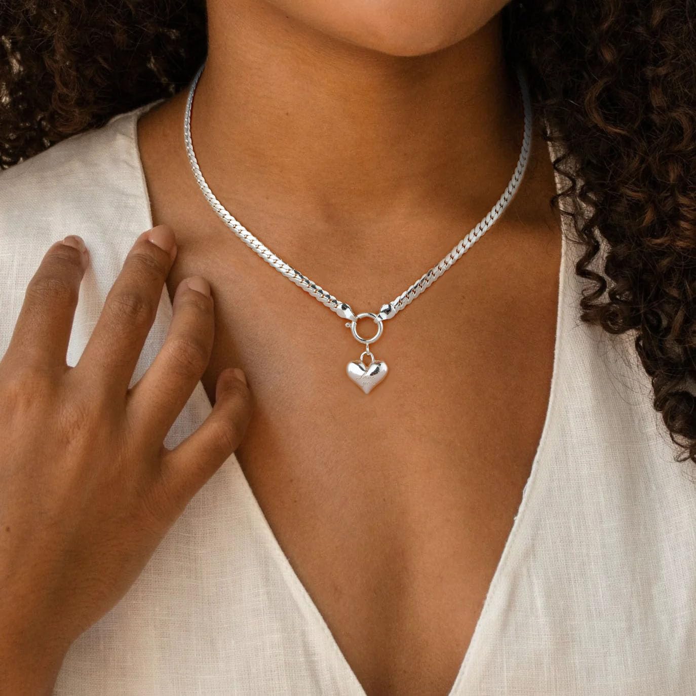 NUZON Love Heart Pendant Necklace for Women Silver Plated Thick Flat Herringbone Snake Chain Choker Engraving “Love You” Charm Sailor Lock Layering Jewelry 16’’