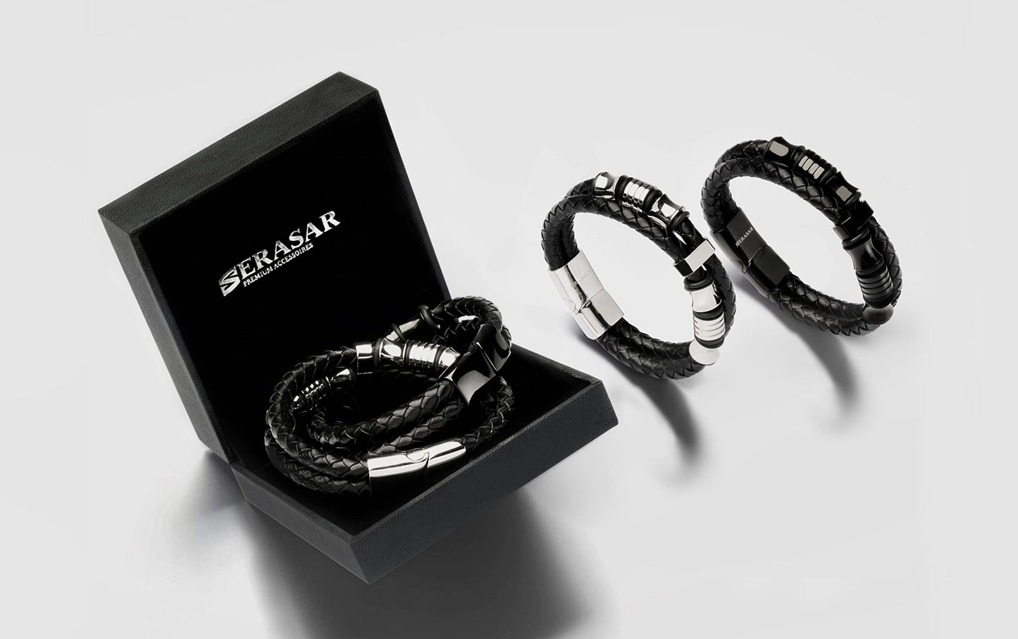 SERASAR Pulseras para Hombres 17cm Black Leather Bracelets for Men Brown Cowhide Gift Box Braided Bracelet Stainless Steel Jewelry Wrist Band Cuff Wrap Rope Bangle Dad Man Cuero Regalo
