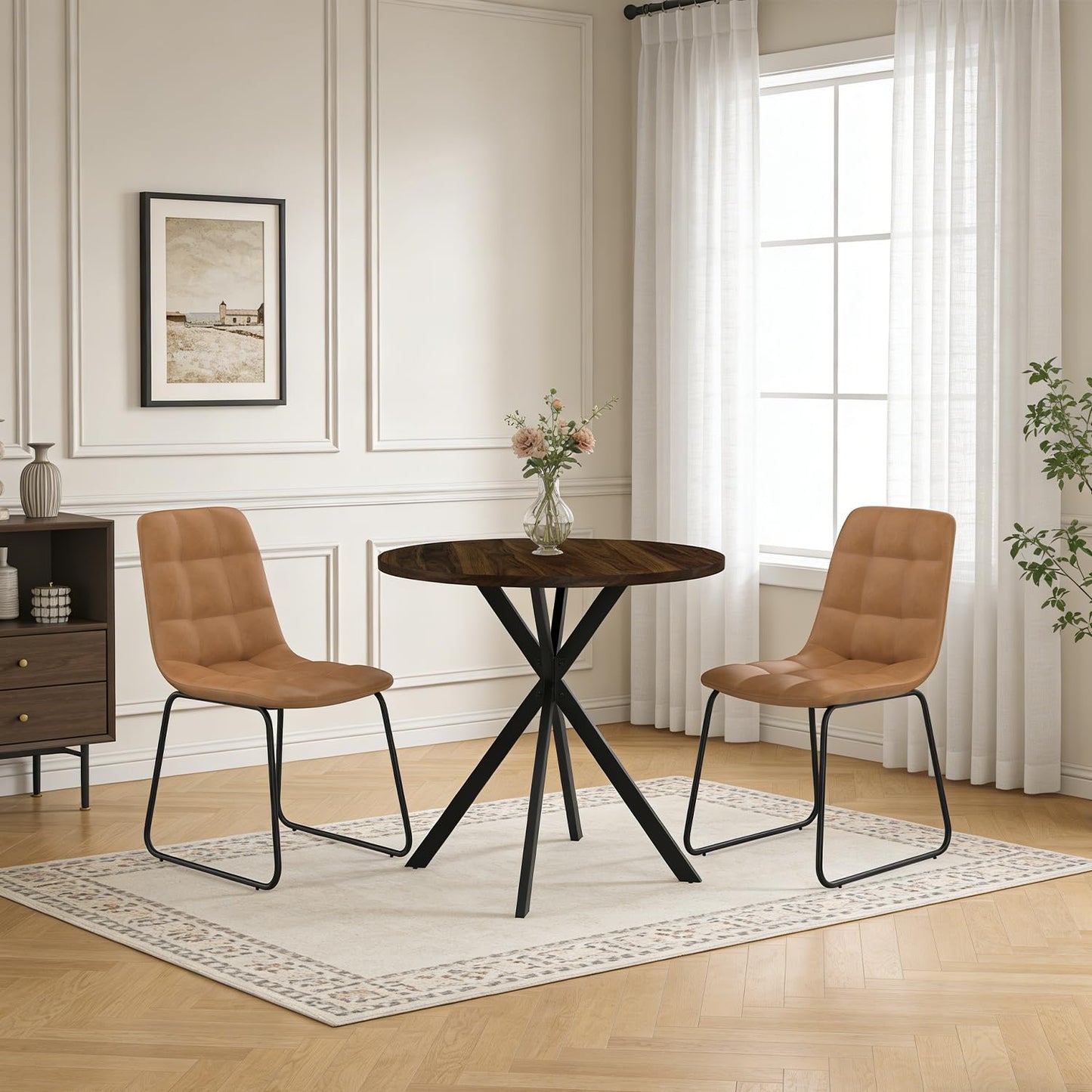 domusdisn 31.5" Round Dining Table Chairs Set for 2, Small Dining Table Chairs Set Space-Saving, Small Dinette Sets for 2 for Kitchen Dining Room Apartment(Walnut Table + Brown Chairs)