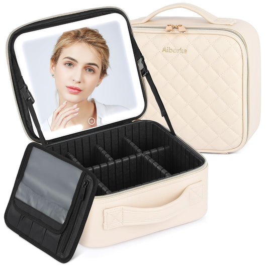 Aiborke Travel Makeup Bag with Led Mirror Make up Case with Lighted Mirror Cosmetic Organizer bag with Adjustable Dividers and 5X Magnifying Mirror Makeup Box Organizer Vanity Case for Women (Beige)