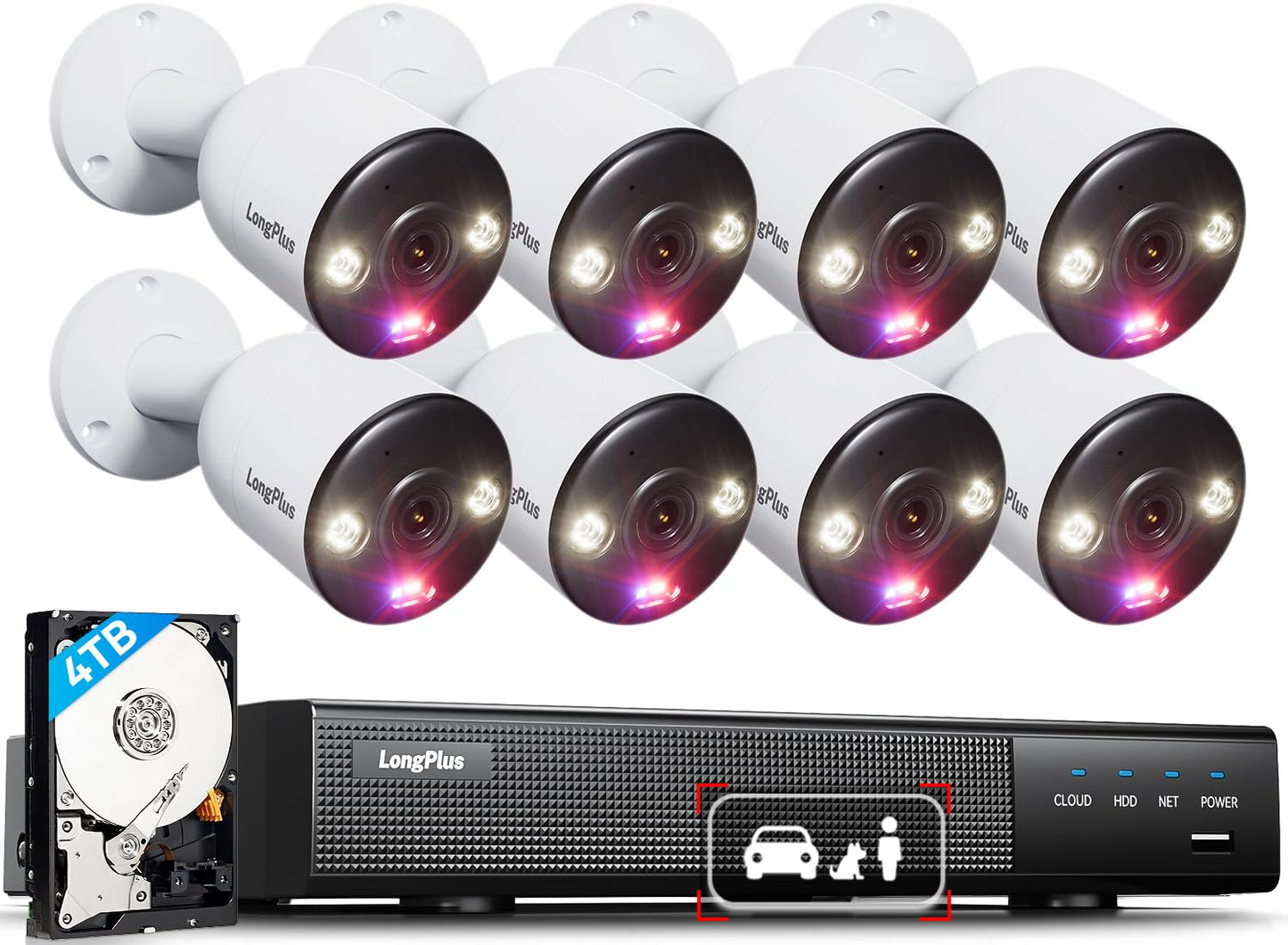 LongPlus 4K Security Camera System Commercial, 8pcs H.265+ 8MP PoE Home Security Camera System Outdoor, Person Vehicle Pet Detection, Spotlight Color Night Vision, 16CH NVR 4TB HDD, LP8MEF8B1