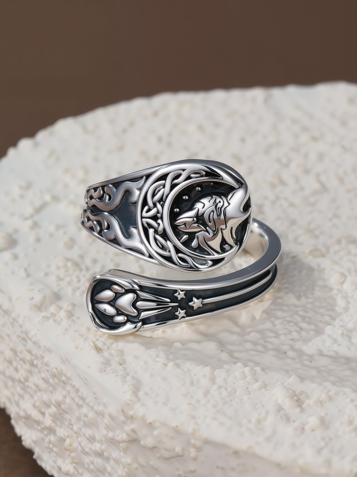 Midari Celtic Wolf Spoon Ring for Women Men 925 Sterling Silver Adjustable Wolf Crescent Moon Paw Viking Thumb Rings Jewelry for Women Halloween Birthday Christmas Gifts
