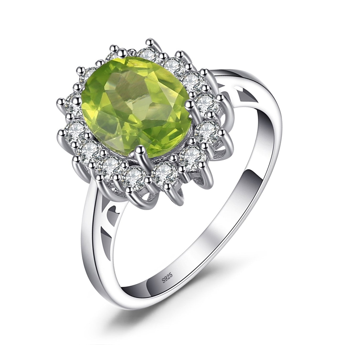 JewelryPalace Princess Diana Kate Middleton Gemstone Birthstone Genuine Peridot Halo Statement Engagement Rings for Women, 14K White Gold Plated 925 Sterling Silver Promise Rings for Her Size 10.5