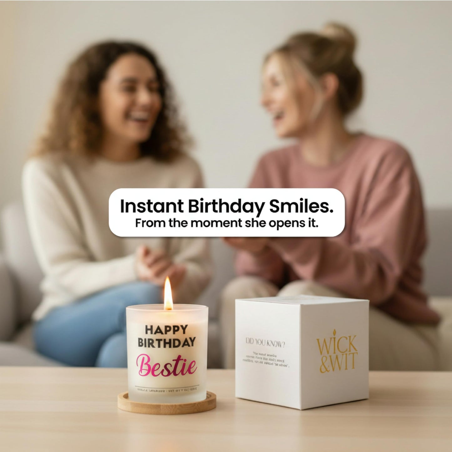 Wick and Wit Bestie Birthday Gifts for Women - Happy Birthday Bestie Gifts for Women Friend Friendship Soy Candle Gift Set for BFF Sister Coworker Vanilla Lavender Candle Ready to Gift Box
