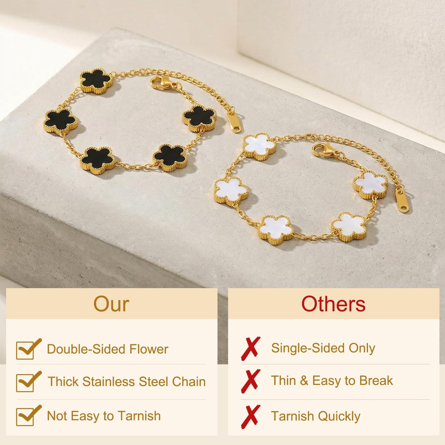 Eclatienne Four Leaf Clover Bracelet Set for Women – 2PCS Black & White 18K Gold Plated Lucky Flower Charm Bracelets, Adjustable Stainless Steel Gold Charm Bracelet Jewelry Gift