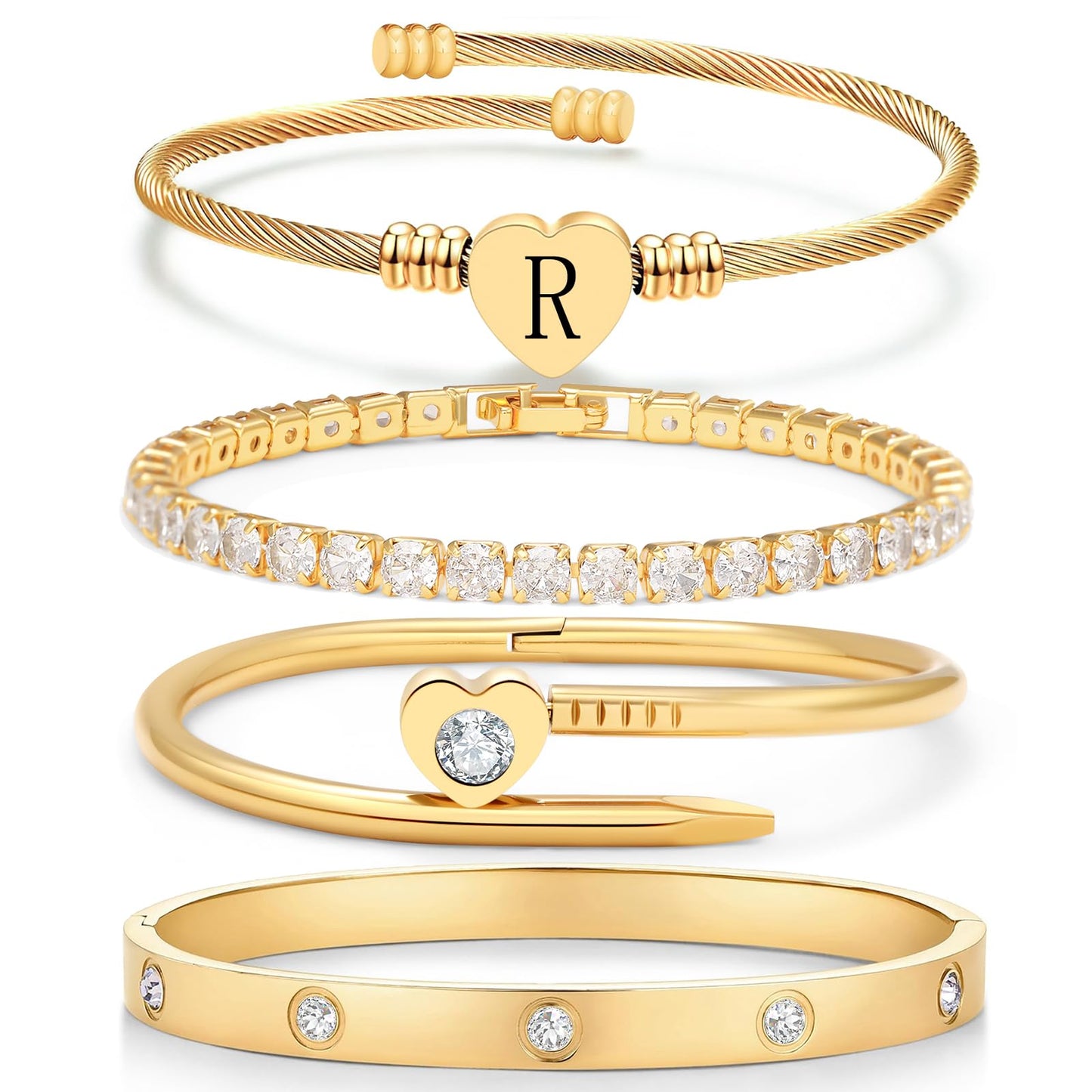 MEIERYA18K Gold Plated Nail love Bangle Bracelet Set for Women,Cubic Zirconia,Adjustable tennis bracelet Trendy Gift Jewelry for Mother's Day Anniversary (12-Style-R)