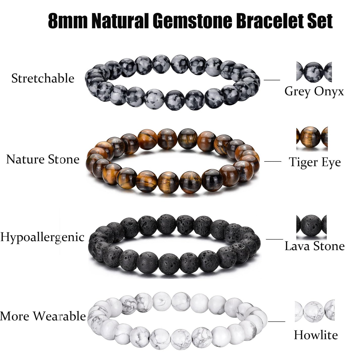 RANKEEF Mens Bracelets 8MM Natural Stone Beads Bracelet Set Stretch Adjustable Beaded Bracelets for Men