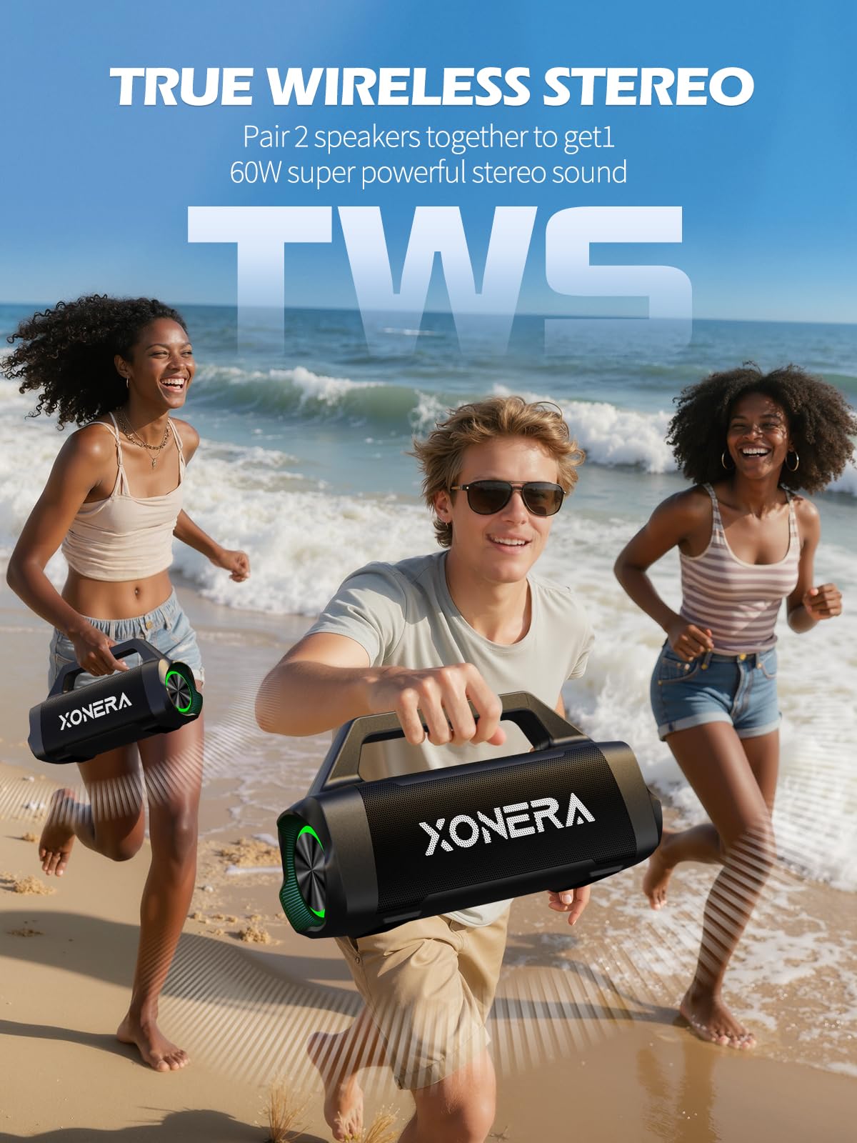 Xonera Speakers Bluetooth Wireless, 80W Peak Loud Outdoor Speaker with Bass, 20H Playtime, IPX6 Waterproof, TWS，BT5.3, Portable for Camping Hiking Boating Pool Beach(Black)