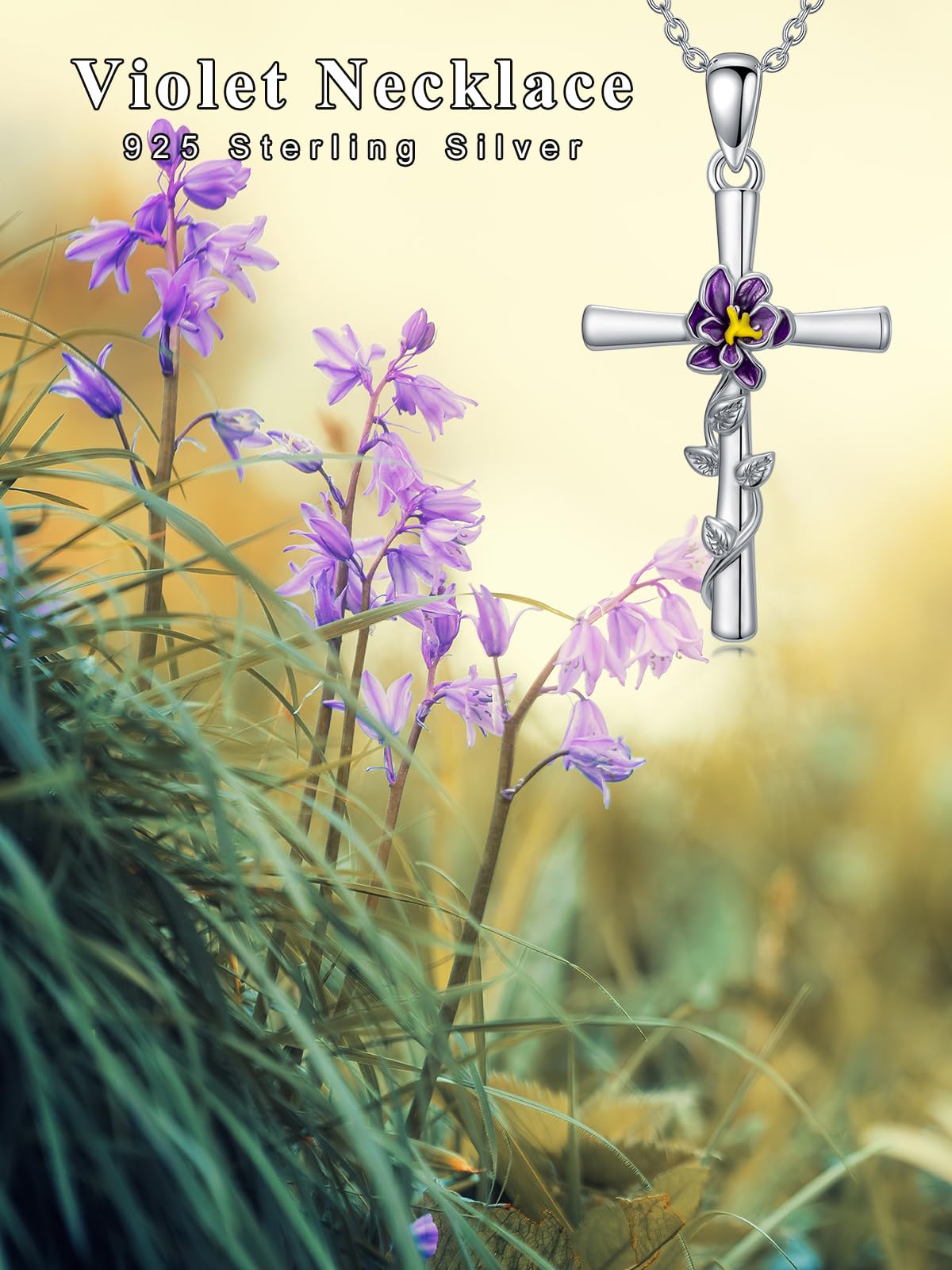 Cargari Violet Necklace for Women Sterling Silver Violet Cross Pendant Purple Flower Cross Necklace Birth Floral Jewelry Gifts for Women