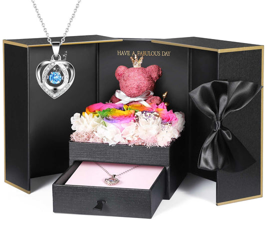 ADDWel Preserved Real Rainbow Rose with Sterling Silver Necklace Gift Set - Romantic for Wife, Girlfriend - Eternal Flowers Gifts for Anniversary, Birthday