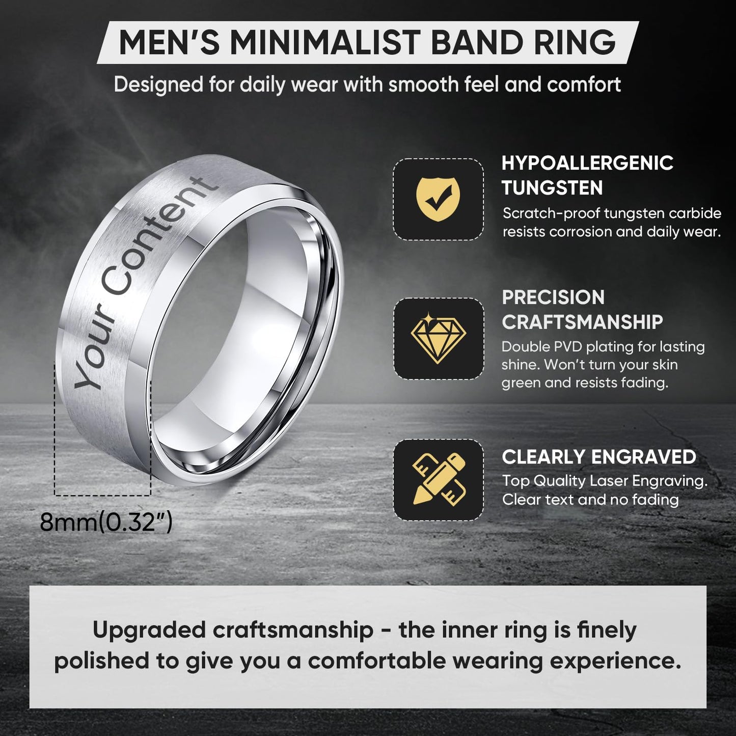 VNOX Mens 8mm Brushed Matte Tungsten Carbide Classical Simple Plain Personalized Custom Name Date Wedding Band Wedding Engagement Ring,Silver,Size 9