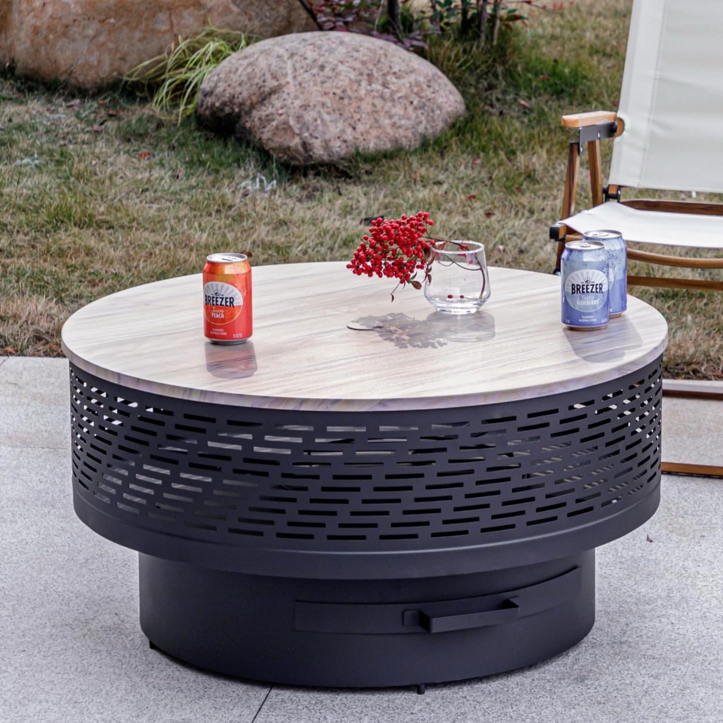 OutVue 32" Wood Burning Fire Pits with Grill & Lid, Fire Pit Table for Outside with Waterproof Cover & Fire Poker, Outdoor Firepit with Functions for BBQ,Table and Bonfire