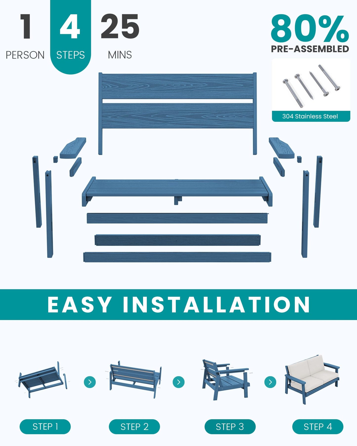 SERWALL HDPE Outdoor Patio Loveseat, Blue Frame and Khaki Cushion