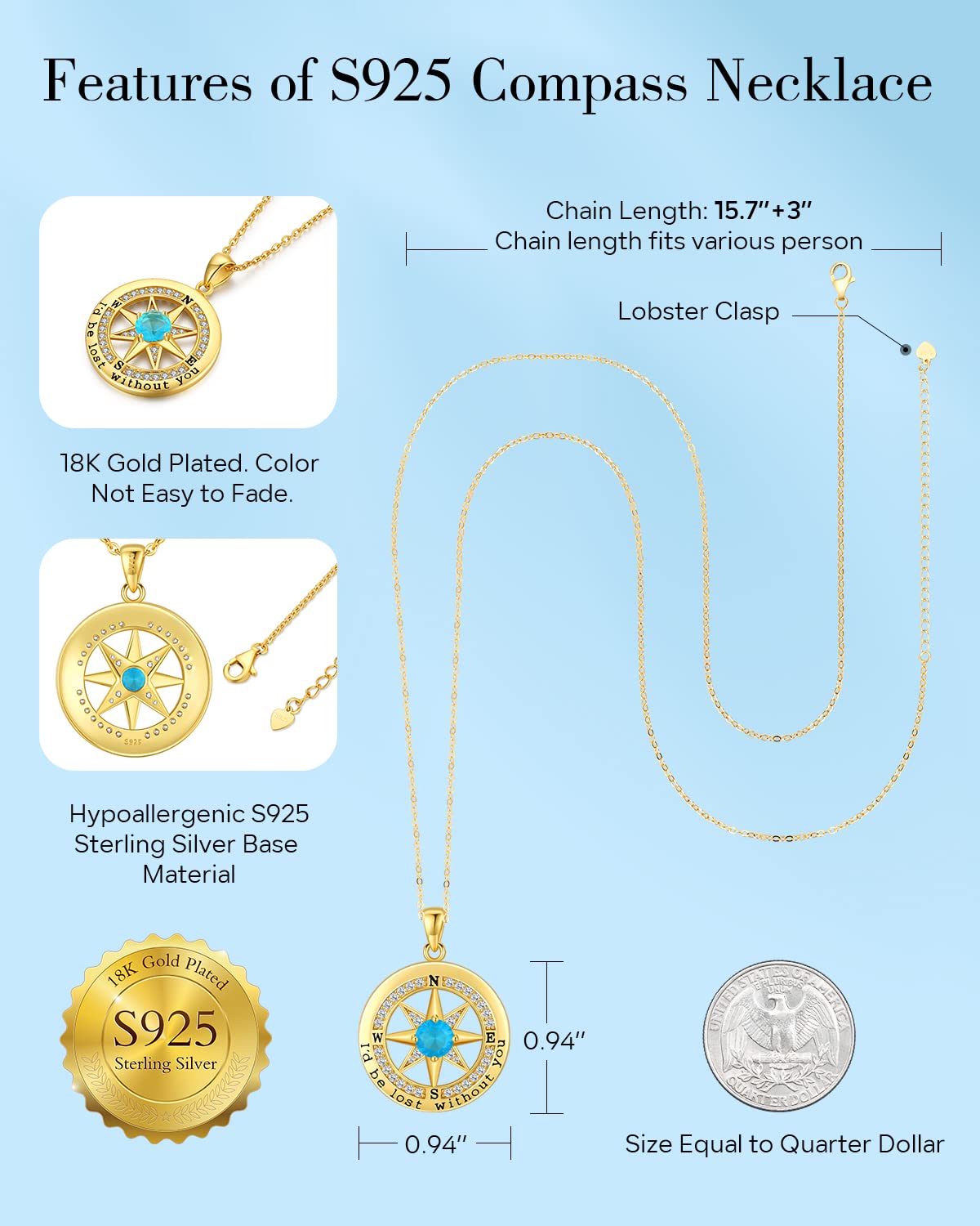 S925 Necklace Gift for Wife, Compass Jewelry Women Anniversary, Sterling Silver Girlfriend Birthday Gifts for Her Valentines Id be Lost without You Jewel 18K Gold Dec 12