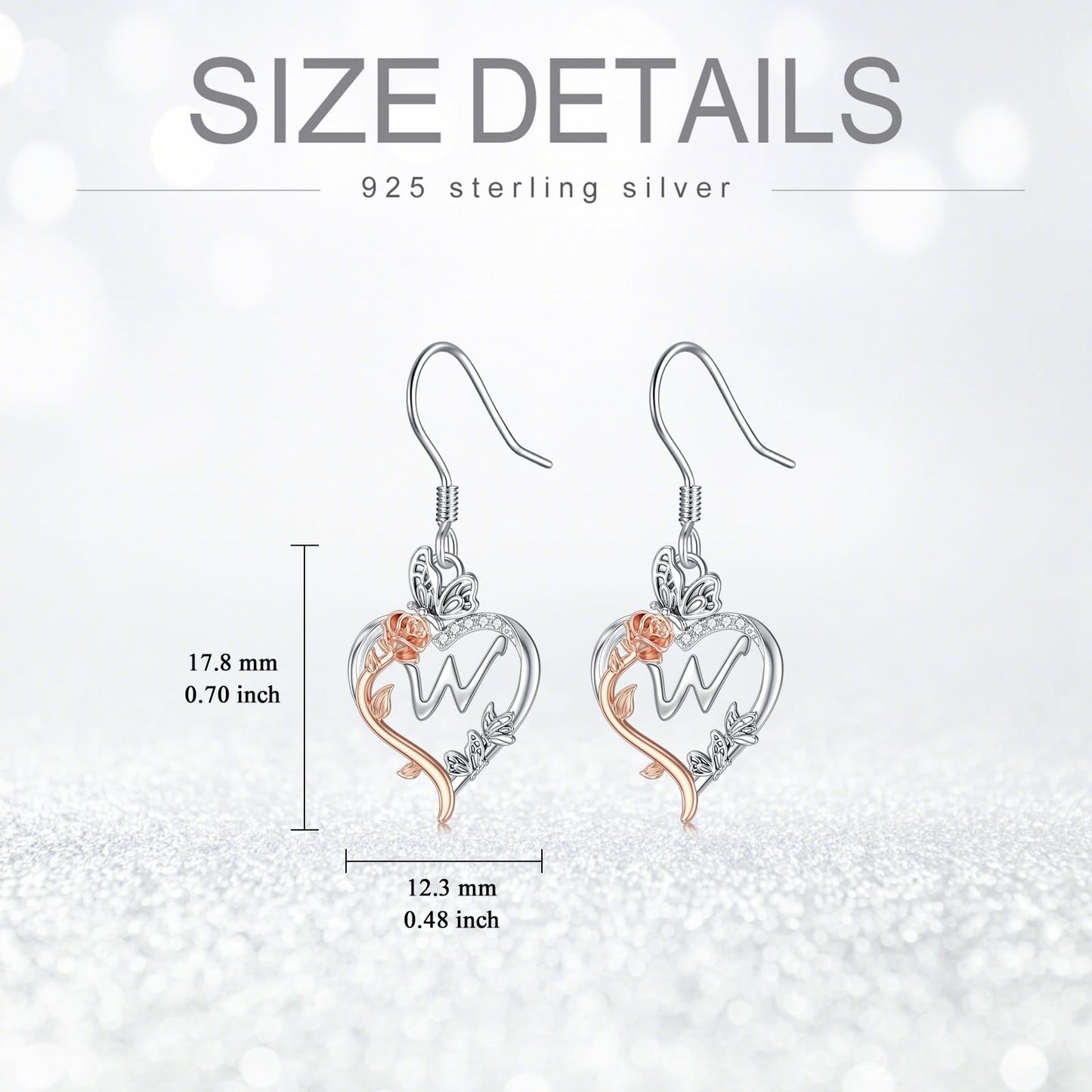 TOUPOP Rose Heart Initial Earrings Sterling Silver Butterfly Earring Initial W Letter Drop Dangle Earrings Jewelry Anniversary Birthday Mothers Day Gifts for Women Mom Wife Girlfriend Her