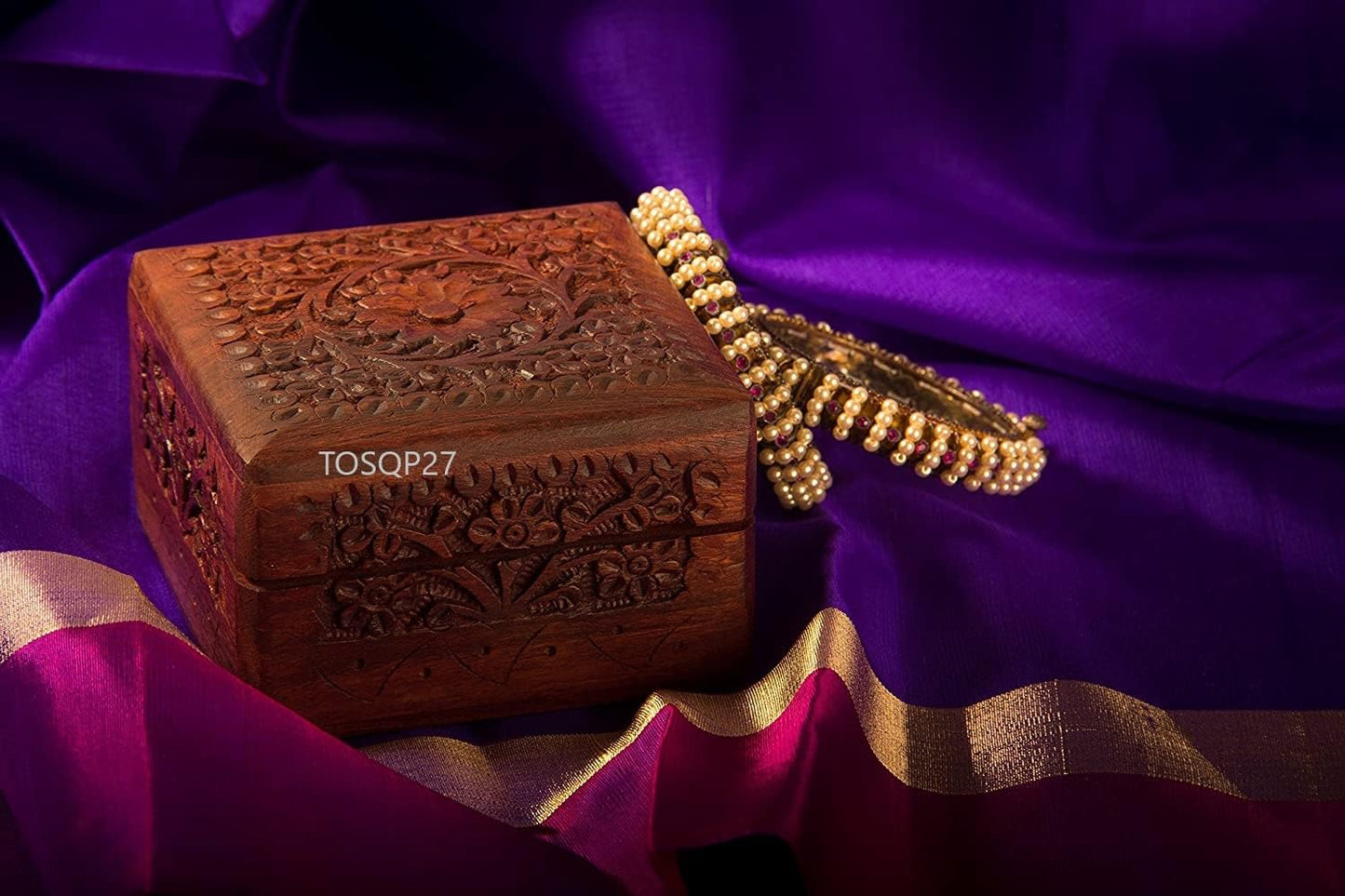 TOSQP27 Gift Jewelry Box Rosewood Hand-Carved Novelty Unique Trinket Case Jewellery – 4 Inch Wooden Travel Jewel Organizer Brass Inlay Velvet – Keepsake Birthday Aniversary Gifts for Women, Girls, Mom
