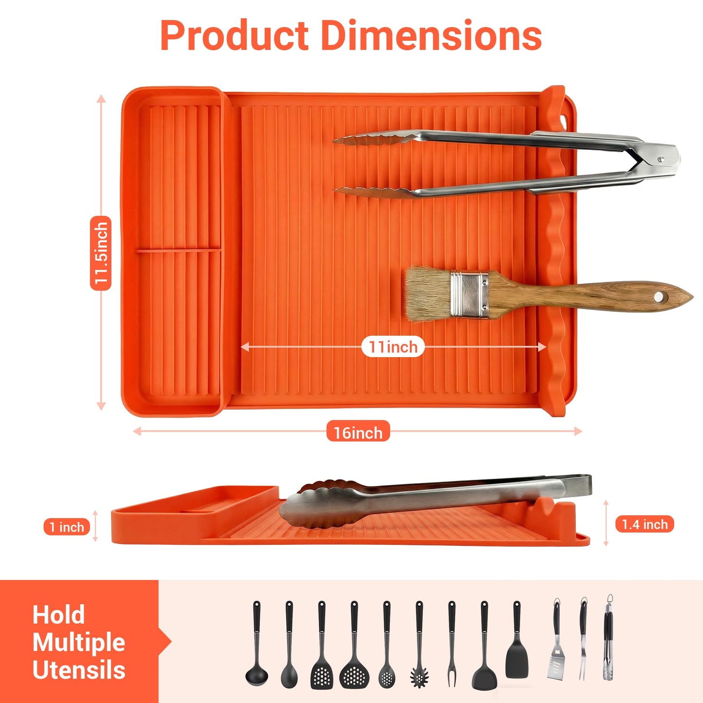 WZGUSXN 2Pack Silicone Grill Mat for Blackstone - 16x11.5 Inch Non-Slip Tool Mat with Sauce Drip Pad & Wavy Grip, Outdoor BBQ Accessories & Gifts for Men, Dad, Grilling（Orange）