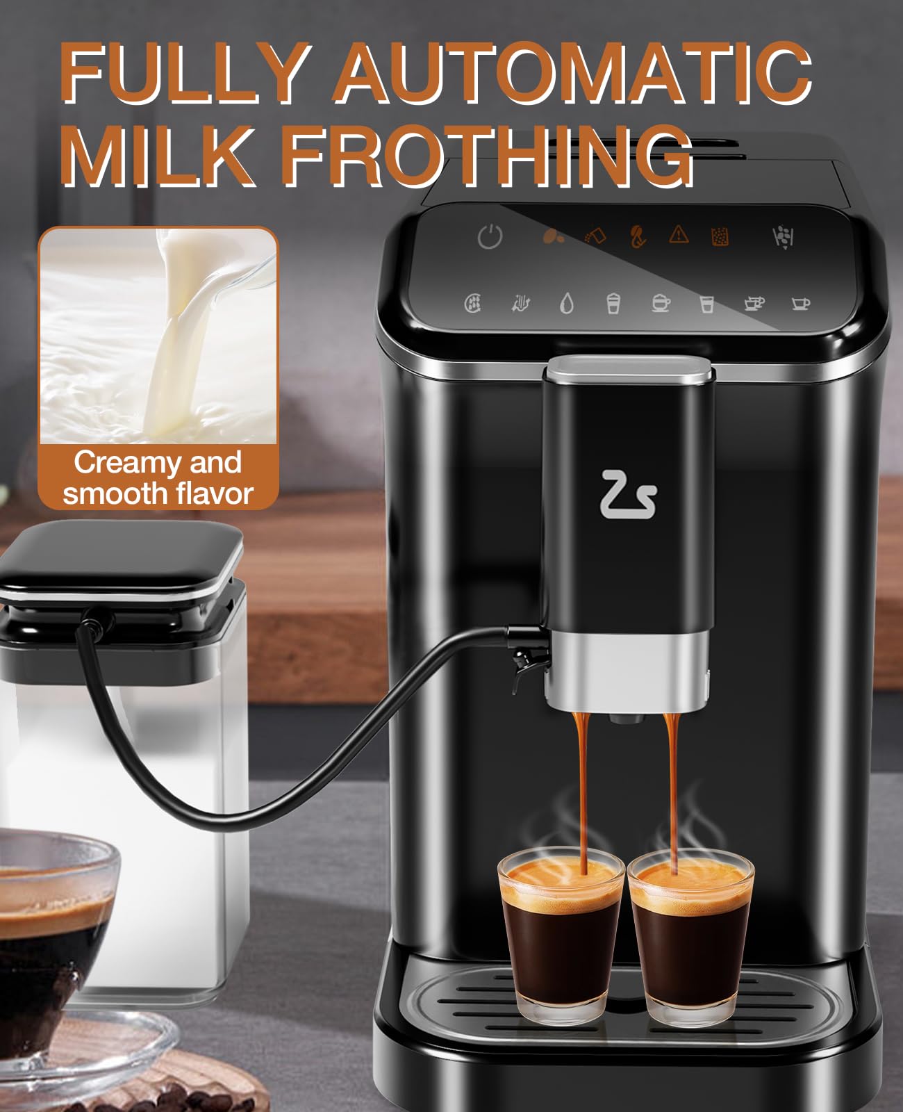 Zstar Fully Automatic Espresso Machine with Milk Frother, Professional Espresso Maker with Grinder, Auto-Cleaning, One-Touch Operation, 1.5L Water Tank for Latte, Cappuccino, Macchiato