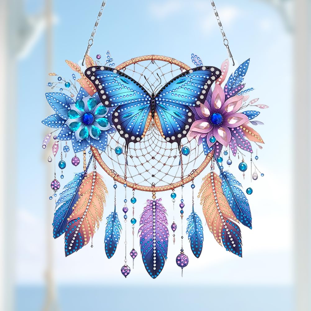 Sulunmo Diamond Art Hanging Kit, Diamonds Art Painting Pendant for Adults, DIY Gem Painting Board Kit for Window Door(Butterfly Dream Catcher-282)