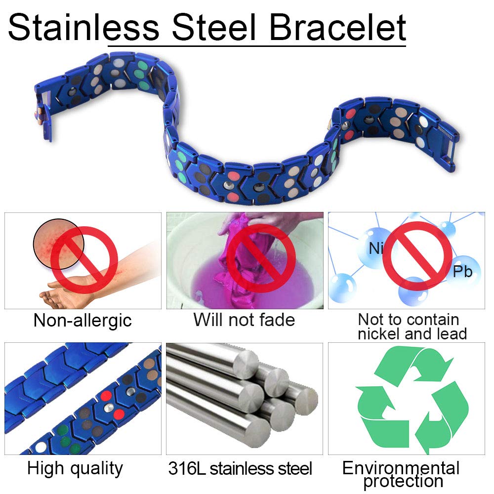 KYOSI 3X Mens Magnetic Bracelet Three rows Energy Stainless Steel Blue Bracelets for Men Magnet Link Jewelry Fathers Day Gift (Blue, 8.66 inches)