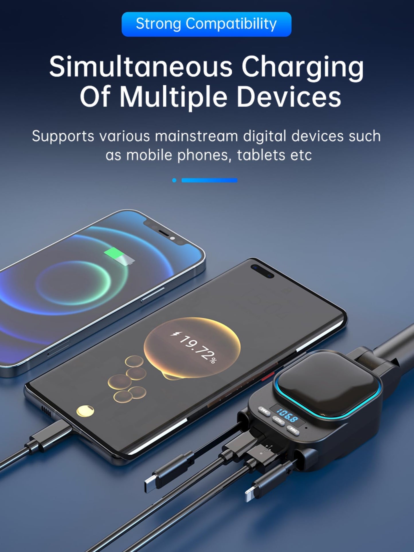Retractable Car Charger 96W with Bluetooth Car Adapter, 4 in 1 Fast Charging, Radio Bluetooth 5.3 FM Transmitter, Handsfree Calling, USB C Phone car Charger Adapter for iPhone 16 15 14 13 12