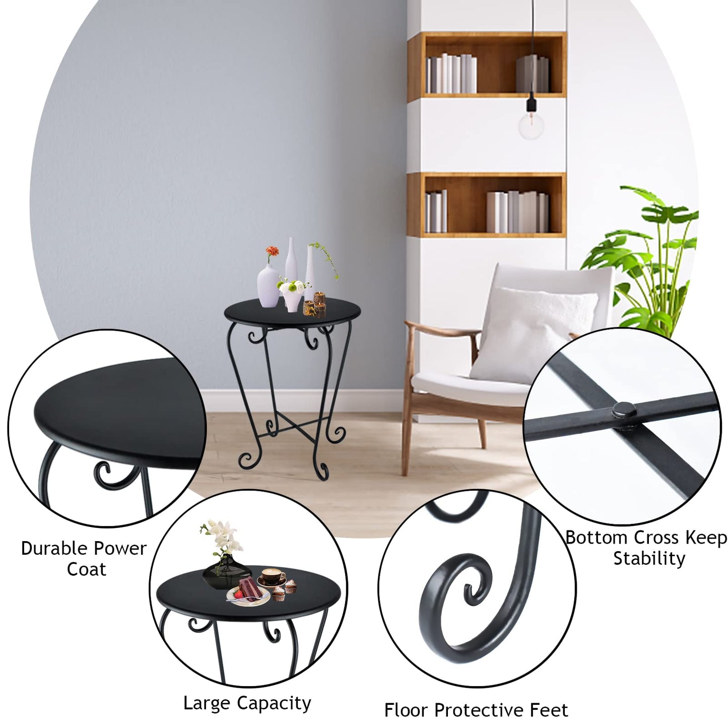 Wtiujhg Small Patio Side Table,Round Metal Side Table,Weather Resistant Anti-Rust Outdoor Side Tables,Outdoor End Table for Garden,Porch,Balcony,Yard,Black