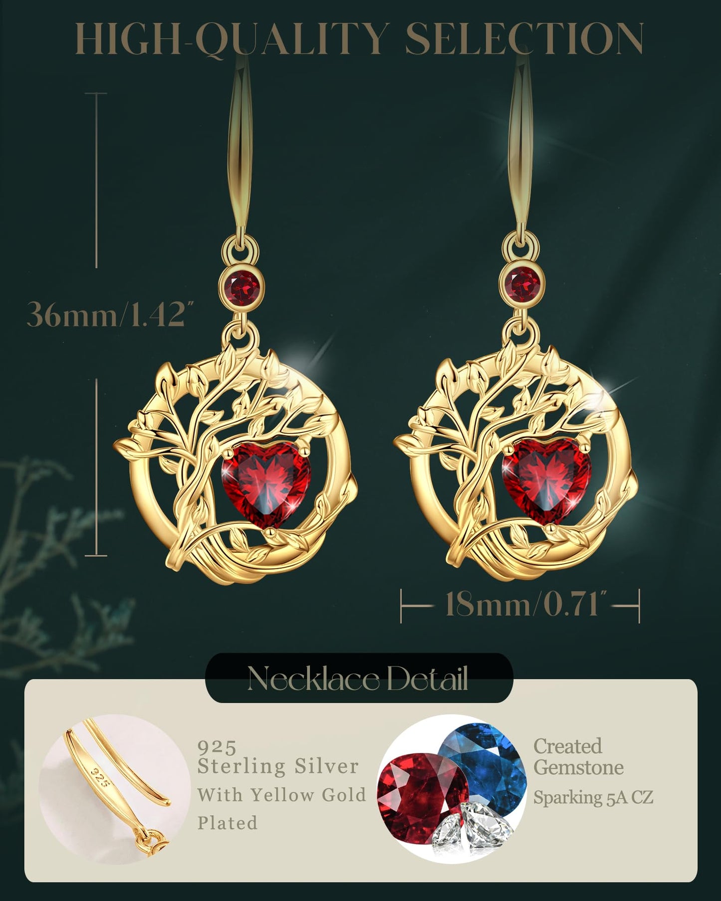 FANCIME Tree of Life Earrings 925 Sterling Silver Yellow Gold Plated Garnet Dangle Drop Gemstone Earring January Birthstone Fine Jewelry Birthday Mothers Day Gifts for Women Her