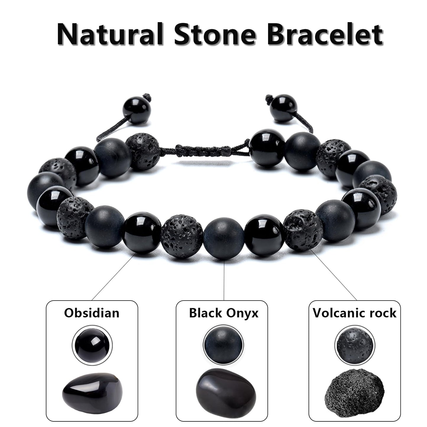 SAMXY Mens Bracelets Beads-8MM Black Onyx Obsidian Lava Stone Beads-3Pcs Handmade Natural Stone Crystal Healing Bracelet-Triple Protection Bracelet for Men Women Gifts