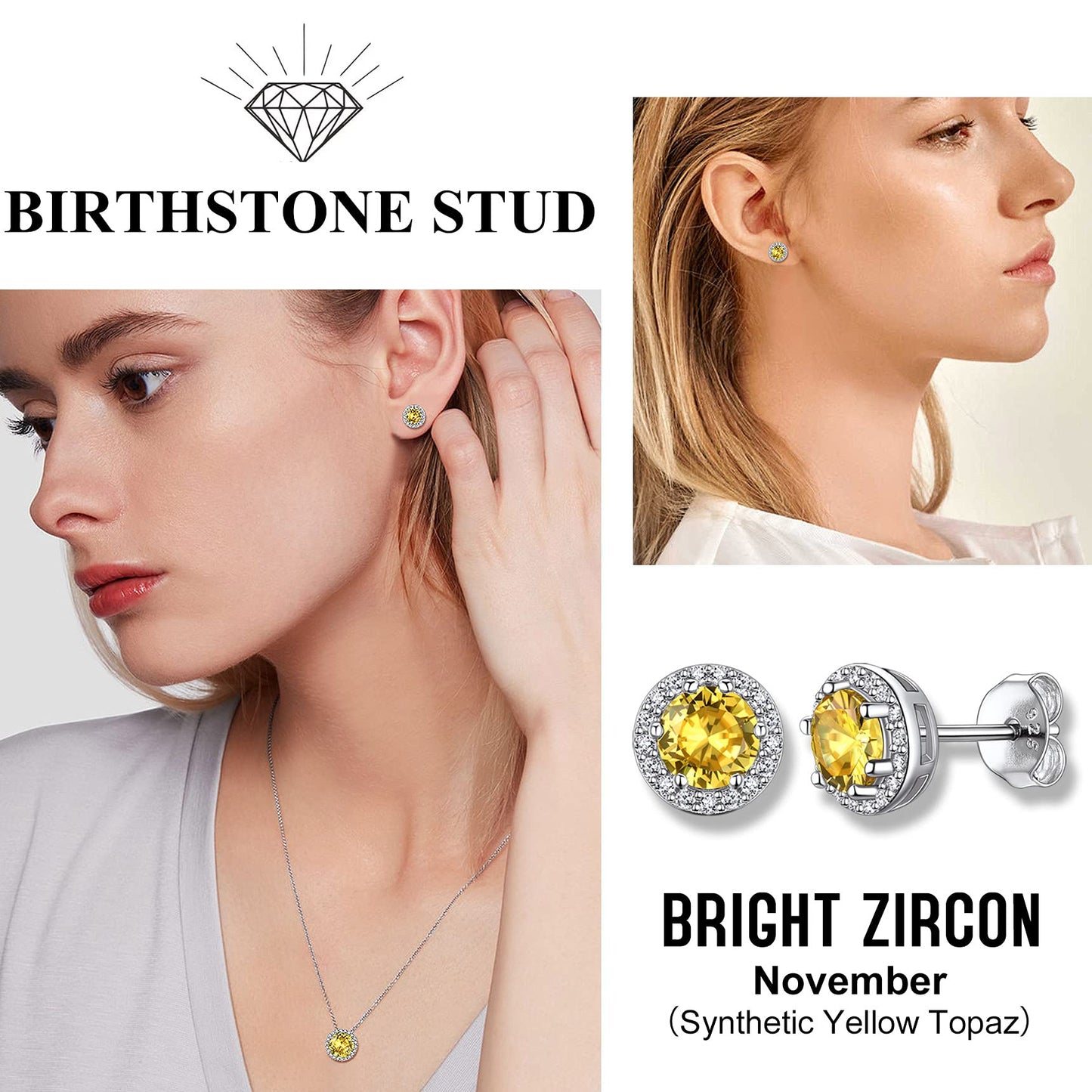 Bestyle Classic S925 Sterling Silver Love Round Earrings, Dainty November Critine Crystals Birthstone Studs, Anniversary/Mother’s Day/Birthday Jewelry Gifts for Women Mom/Wife/Sister/Best Friend