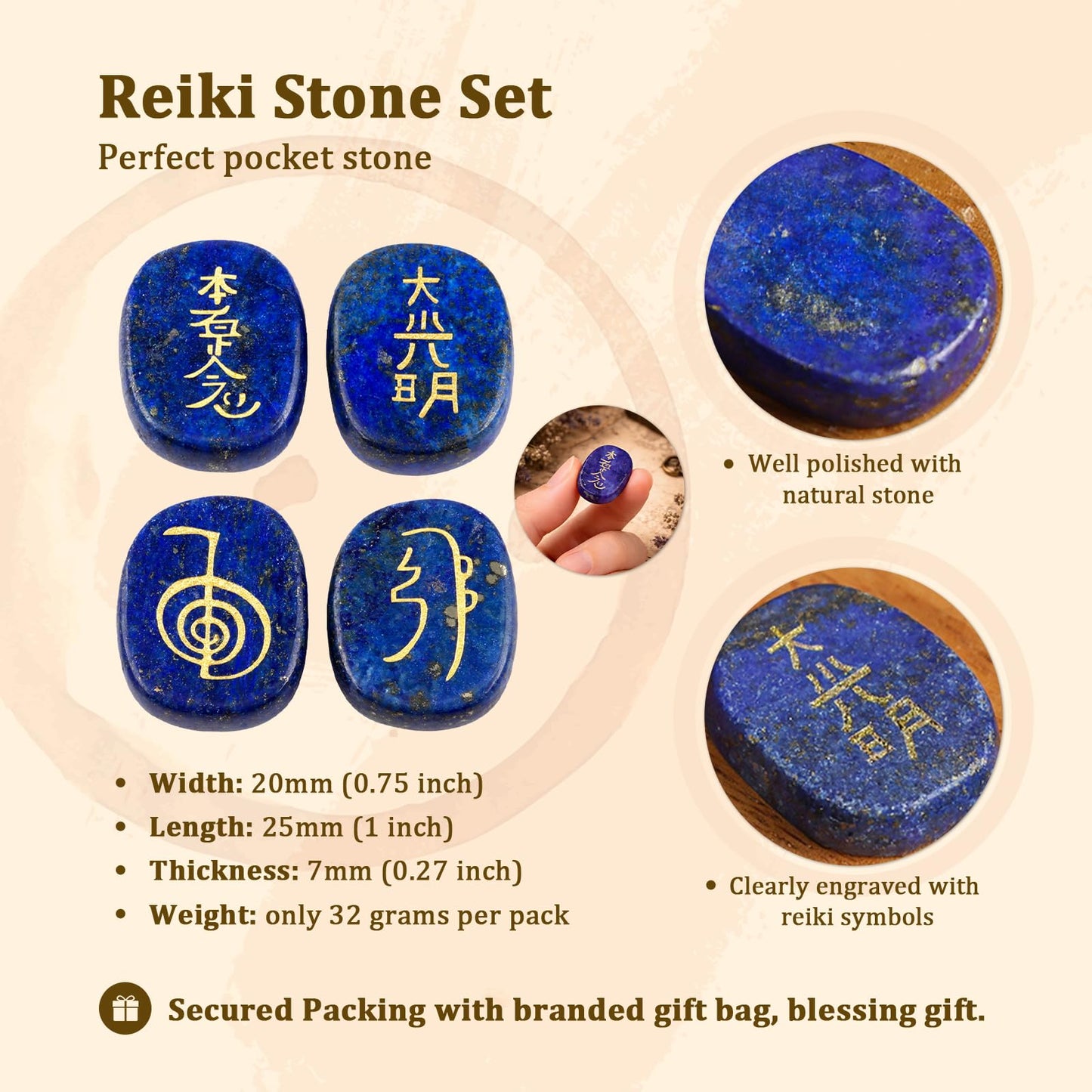 rockcloud Healing Crystal Rock Quartz 4pcs Engraved Chakra Stones Palm Stone Reiki Balancing