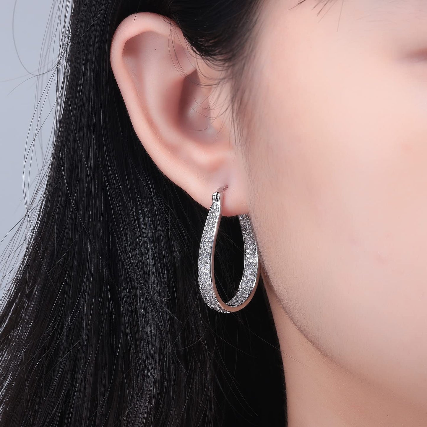 CiNily 925 Sterling Silver Post Big White Cubic Zirconia Hoop Earrings for Women Large Oval Chunky Hoop Earrings 14K White Gold Plated Gemstone Earrings