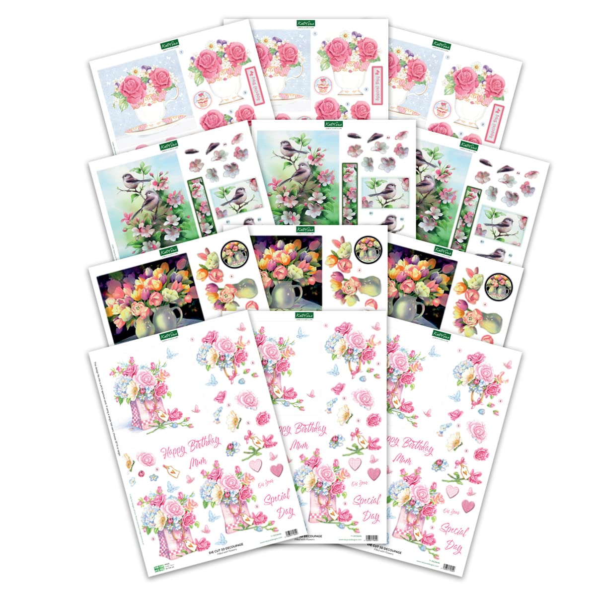 Katy Sue Designs Floral Collection 3D Die-Cut Decoupage Sheets for Card Making. A Pack of 12 Sheets of Floral-Themed Die Cuts for Card Making Supplies or Scrapbooking