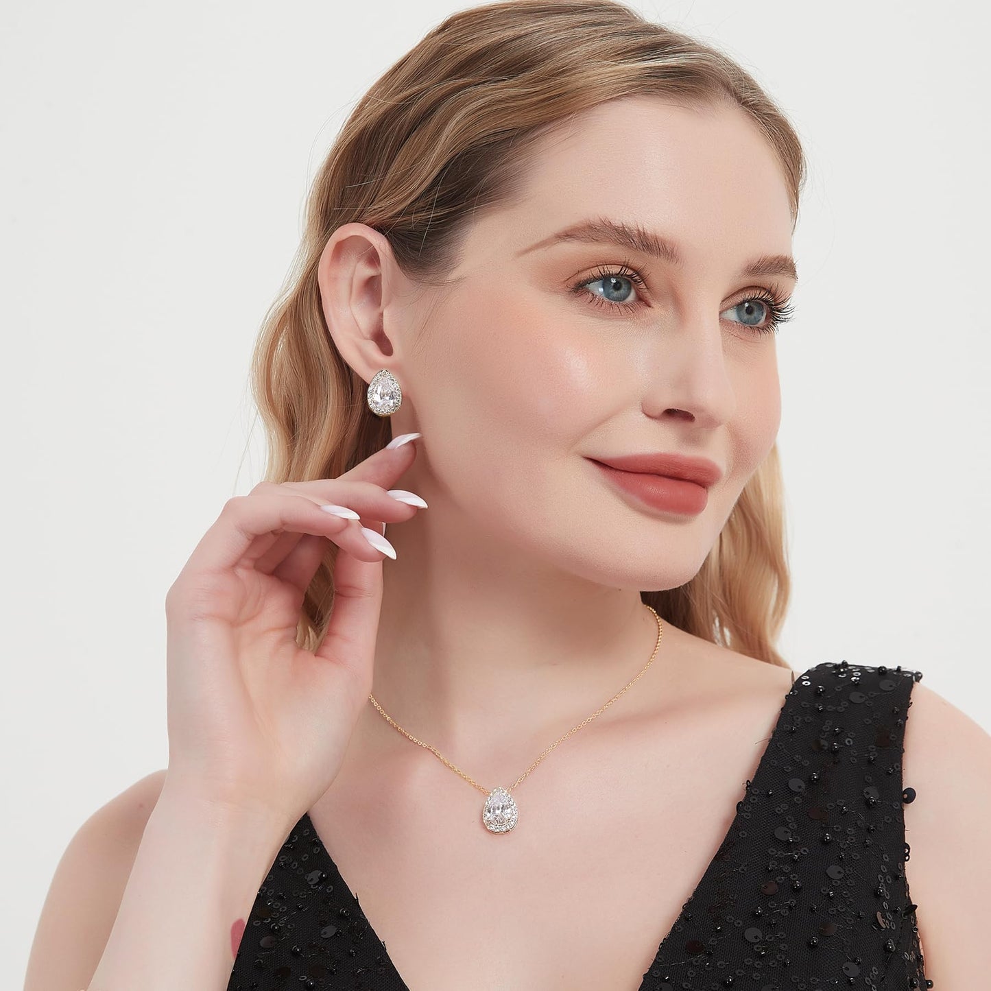 UDYLGOON Tearsdrop Earrings Necklace Jewelry Set For Bride Bridesmaids Wedding Prom Formal Party (3 Set-18K Gold Plated)