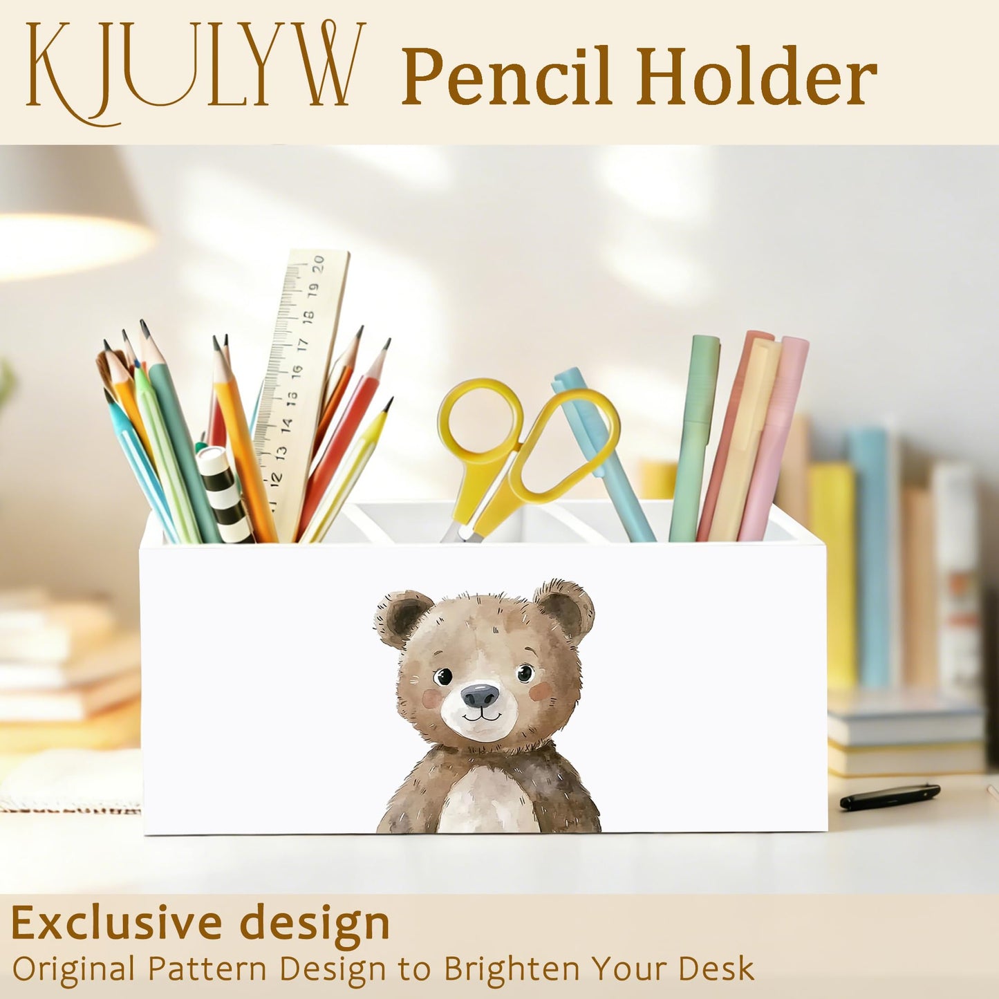 KJULYW Brown Bear Pen Holder for Desk, Bear Lover Gifts, Cute Forest Animal Wooden Box Pencil Pen Holder Organizer for Kids Room Home Office Desk Accessories