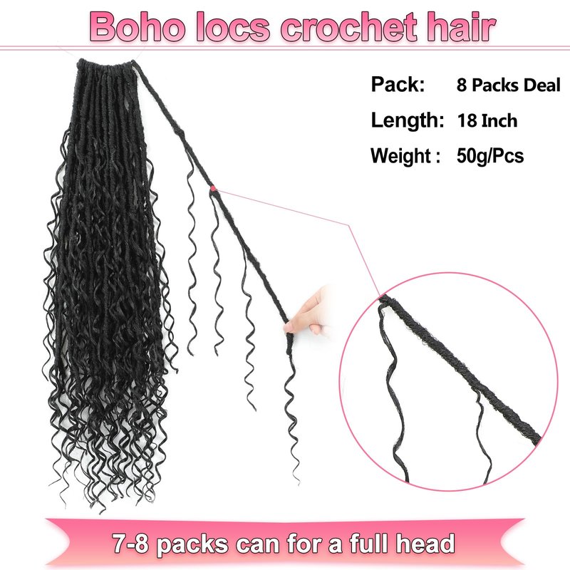 Boho Faux Locs Crochet Hair 18 Inch Goddess Locs 8 Packs Boho Soft Locs Crochet Hair with Curly Ends Pre-looped Long Bohemian River Locs for Black Women (1B, 18 Inch(Pack of 8))