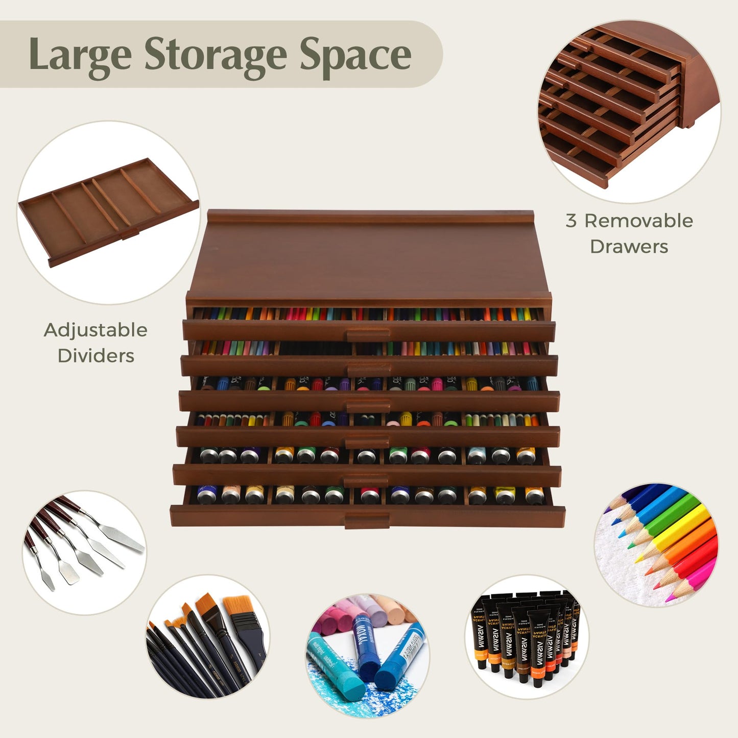 VISWIN 6-Drawer Art Supply Storage Organizer, Beech Wood Artist Storage Box with Removable Dividers, Portable Art Box for Paints, Brushes, Pencils, Pens, Pastels - Walnut