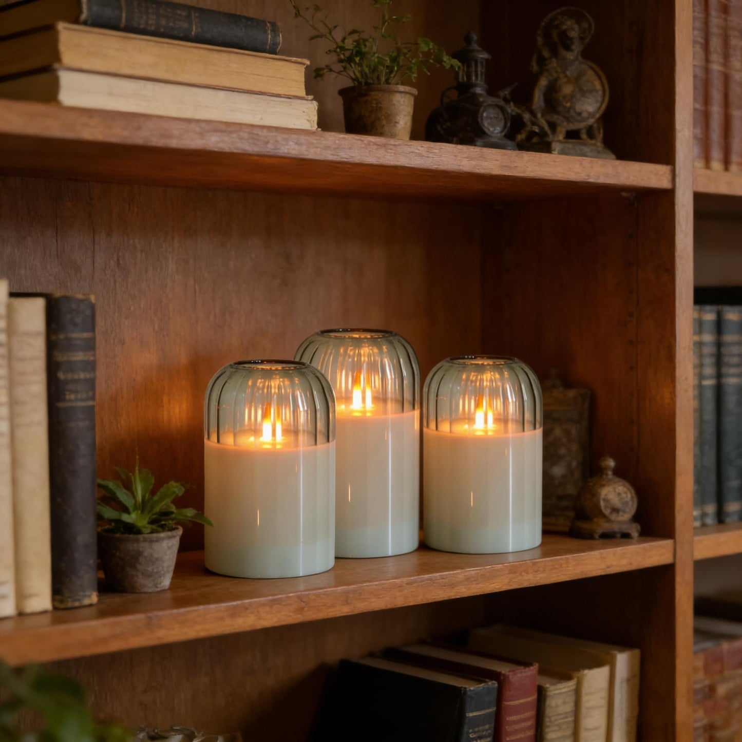 MUMCHASI Green Flameless Battery Operated Candles with Remote, Set of 5 Glass Jar LED Candles with Dancing Flame, Flickering Electric Candlelight for Home Wedding Party Decor H4”5”5”6" 6”"