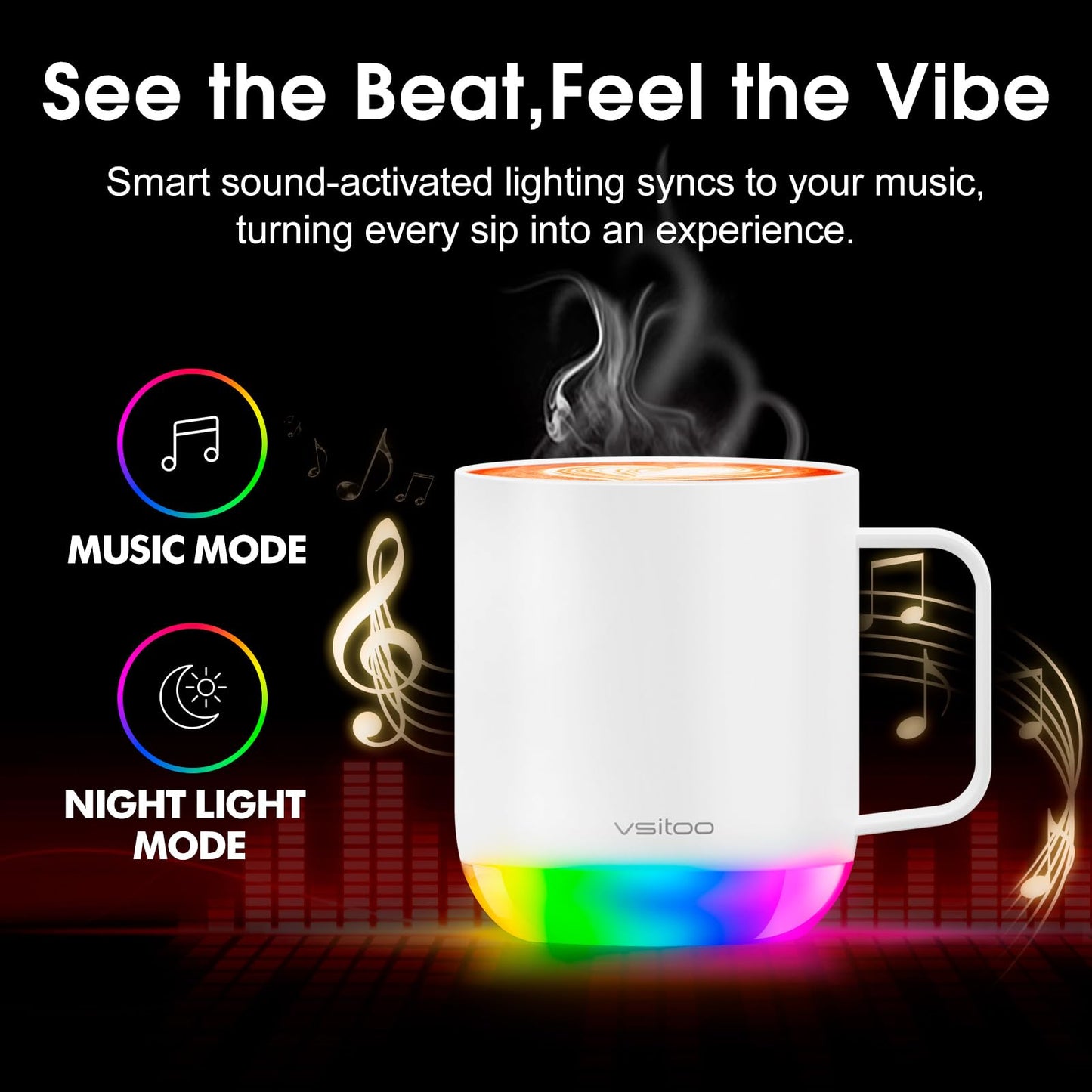 Vsitoo S6 Plus Smart Coffee Mug, 12oz,Temperature Controlled Mug & Electric Coffee Mug with Music Sync Lights，Auto-Sensing AI Heats Drinks to 120-150°F Hands-Free. Ideal for Home/Office/Gifts - White
