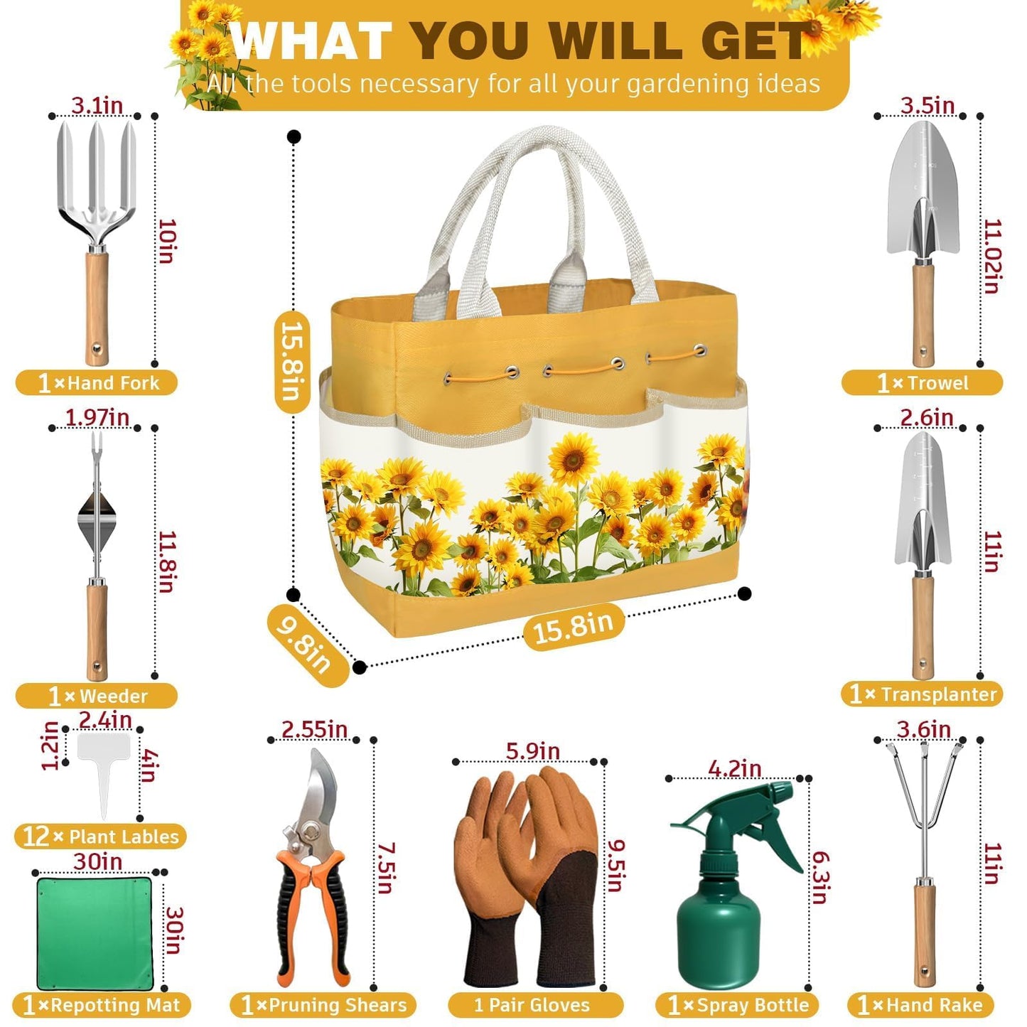22Pcs Gardening Tools Set for Women Heavy Duty Garden Hand Tool Kit,Gifts for Mothers Day Mom Beginner Gardening Accessories with Sunflower Tote Bag/Shovel/RepottingMat/Plant Labels/Gloves-Yellow